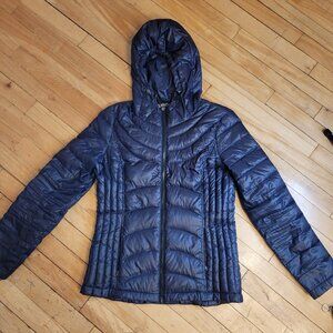Andrew Marc Navy Blue Long Down Puffer Coat S/P 90% Duck Down Hooded Packable